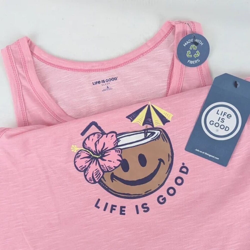 NWT Life is Good Pink Coconut Tropical Drink Print Scoop Neck Tank Top Size L